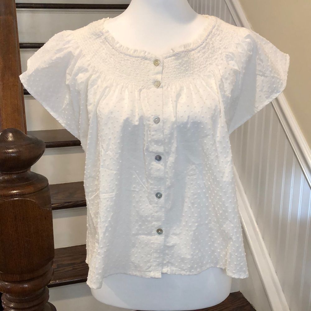 BB DAKOTA by STEVE MADDEN White French Dot Flutter Sleeve Button Front Sz LRG